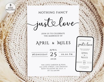 Nothing Fancy Just Love Invitation, Editable Wedding Invitation Template, Minimalist Elopement Announcement Card