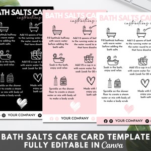 Modèle de carte d'entretien des sels de bain, instructions d'entretien modifiables pour le bain, guide d'entretien imprimable des sels d'Epsom, inserts pour petites entreprises. TD-05