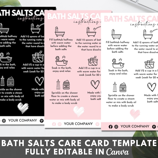 Bath Salts Care Card Template, Editable Bath Soak Care Instructions, Printable Epsom Salts Care Guide, Small Business Inserts. TDS-05