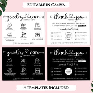 Plantilla de tarjeta de cuidado de joyas, instrucciones de cuidado de joyas editables, insertos de cuidado de aretes editables, plantillas de Canva para tarjetas de paquetes de joyas DIY