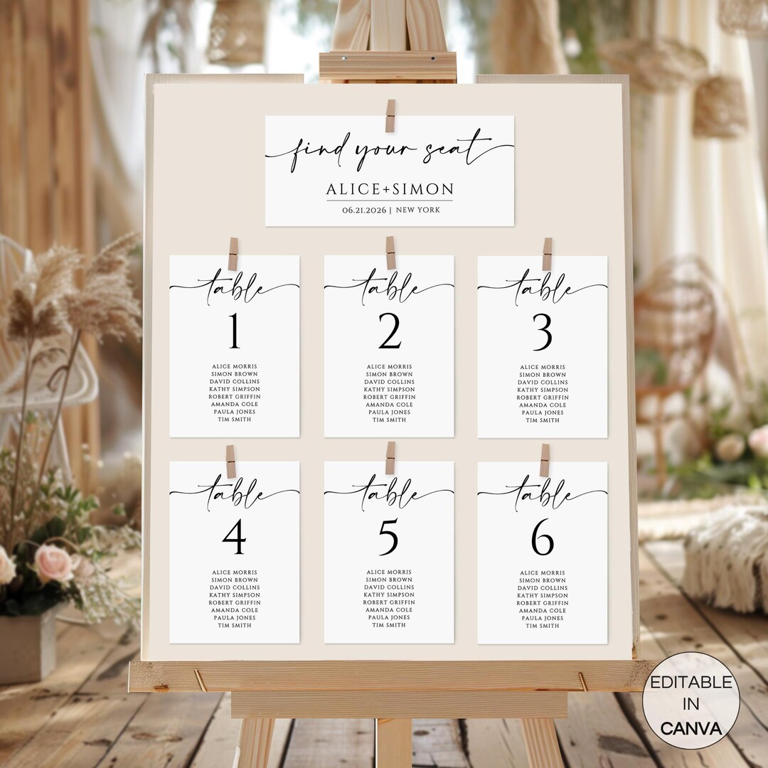 Minimalist Wedding Seating Chart & Table Numbers, Editable Find Your ...