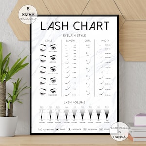 May include: A black and white lash chart with a marble background. The chart includes different lash styles, lengths, curls, and widths. It also includes a lash volume chart with different lash volumes. The chart is editable in Canva.