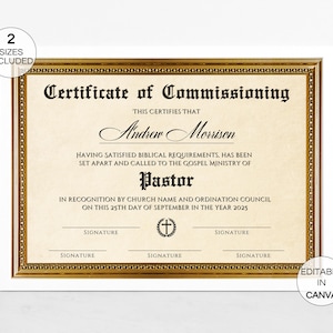 Pastor Commissioning Certificate, Editable Certificate Of Commissioning, Printable Pastor Installation Certificate Canva Template. TDS-10