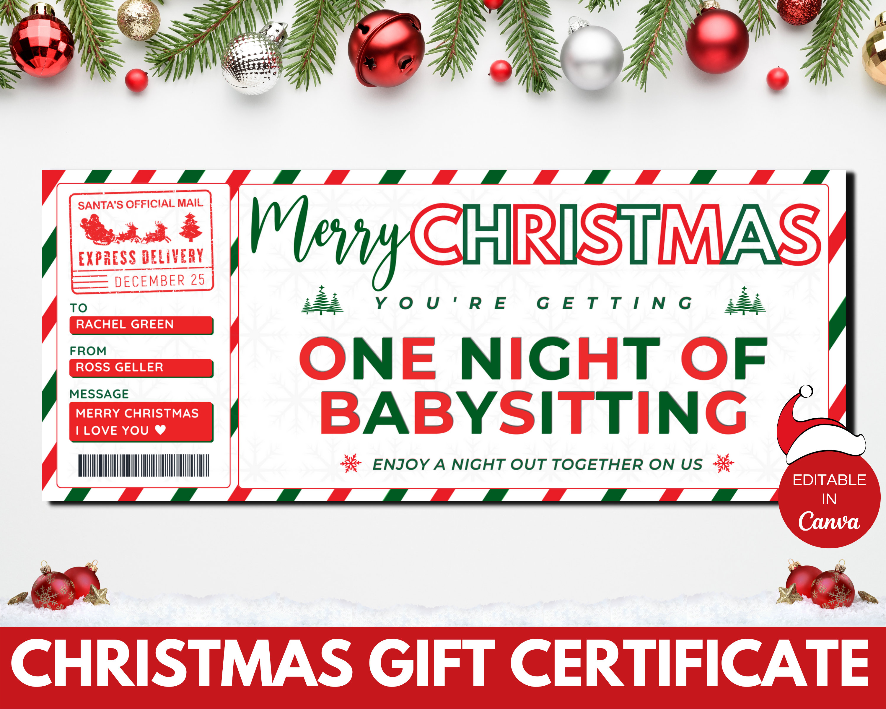 Christmas Babysitting Coupon Template, Editable Babysitter Coupon