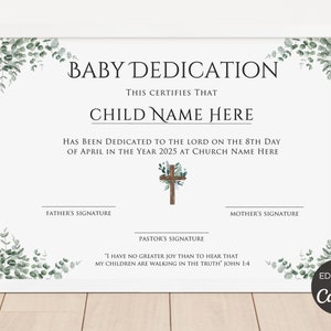 Certificado de dedicación de bebé, plantilla de certificado de dedicación de niño editable, certificado de bautismo imprimible, plantilla de iglesia Canva. TDS-10
