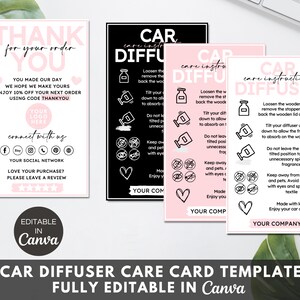 Bewerkbare Car Diffuser Care Card, Afdrukbare Car Diffuser Care Guide, Care Diffuser Care Instructies, Small Business Bedankkaarten. TDS-05
