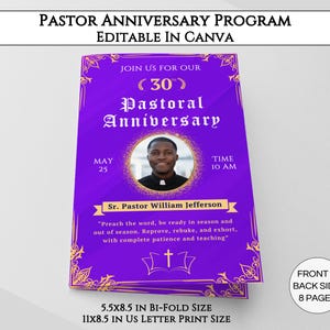 Pastor Anniversary Program Template, Editable 8 Pages Pastor Anniversary Bifold Brochure, Printable Church Bulletin Design Canva Template