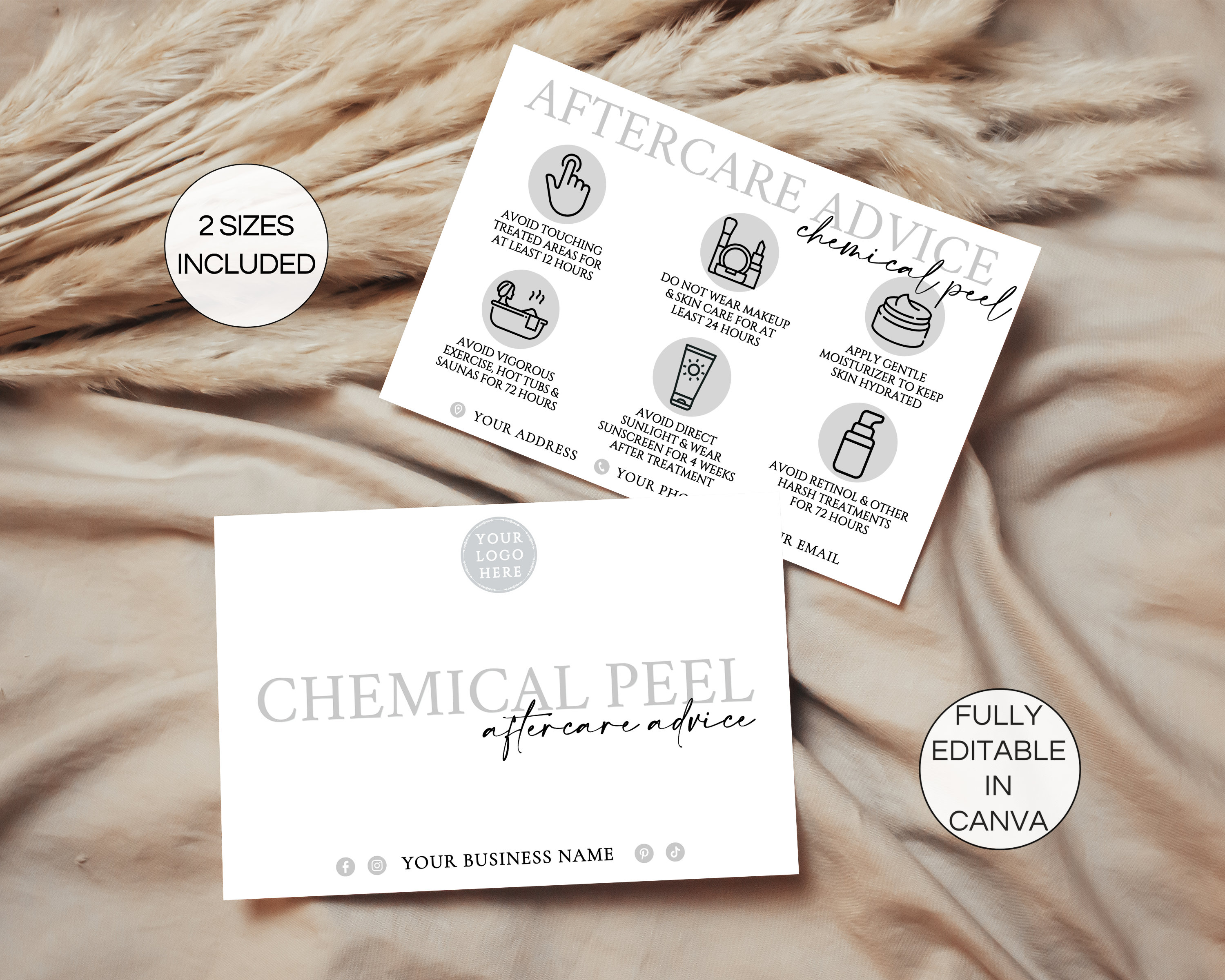 Chemical Peel Aftercare Cards, Editable Esthetician Cards, Printable Chemical Peel Care Instructions, Canva Esthetician Template. TDS-05