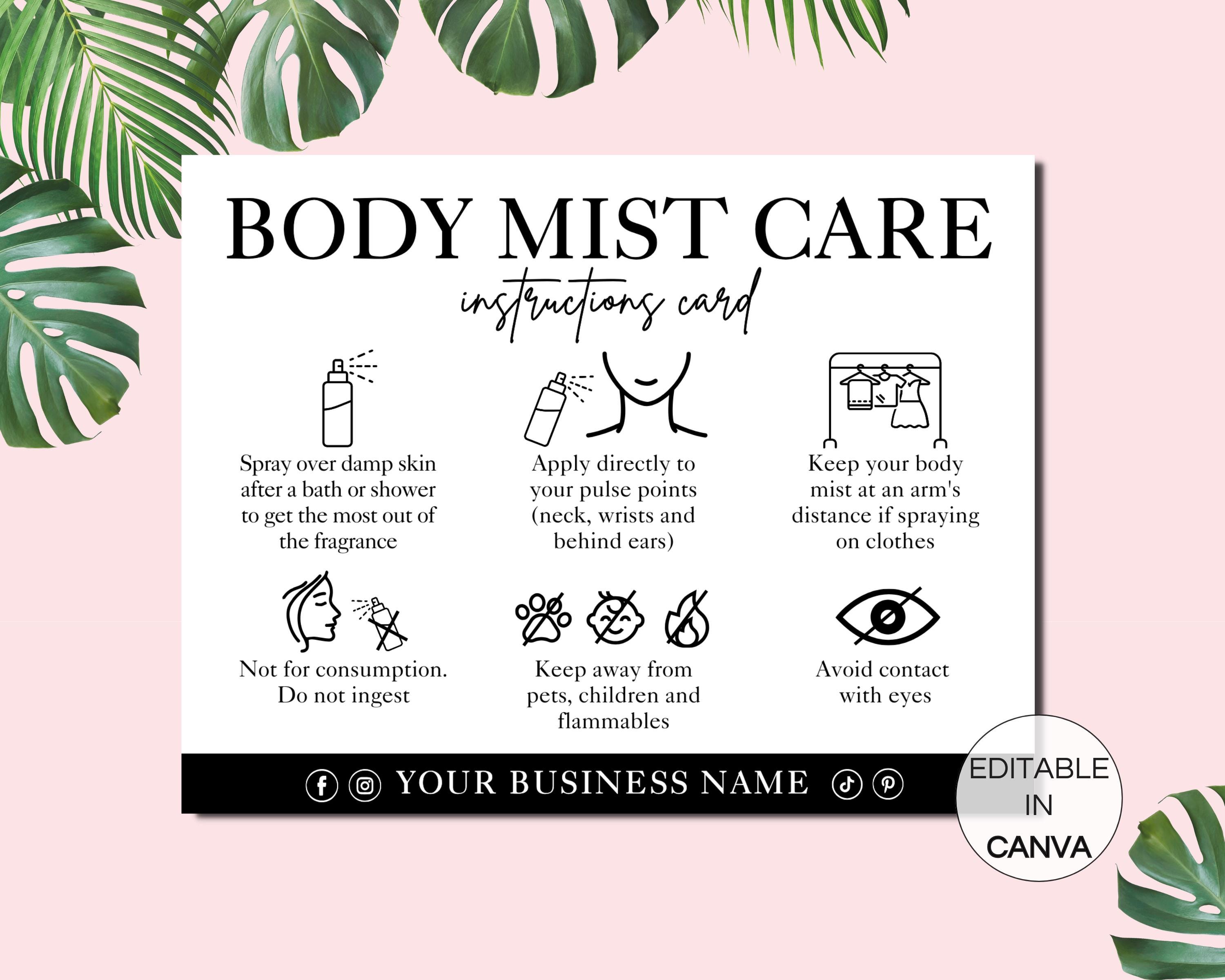 Printable Mist Card Body Mist Care Card, Printable Body Spray Fragrance Instructions Cards ...