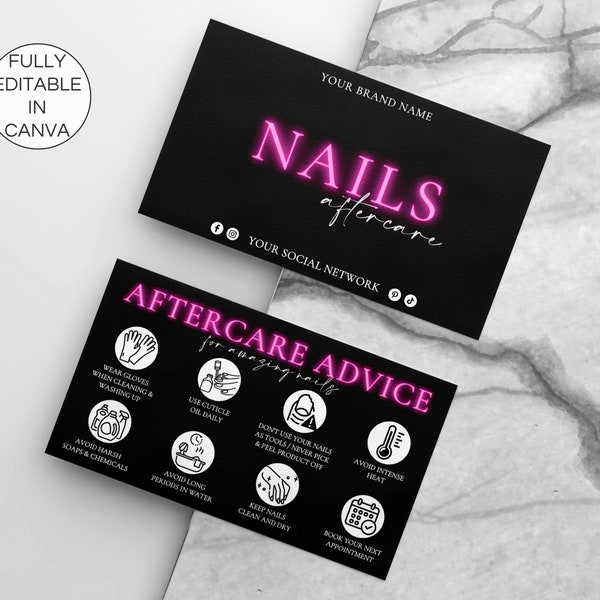 Nails Aftercare Card, Editable Nails Care Instructions, Printable Manicure Client Care Cards, Nails Beauty Salon Canva Template. TDS-05