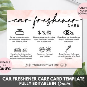 Cartão de cuidados com o ambientador de carro, guia editável de cuidados com ambientador de carro, instruções de cuidados com ambientador para impressão, modelos Canva para pequenas empresas. TDS-05