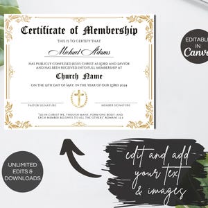 Puede incluir: Un certificado de membres&iacute;a con bordes y detalles dorados ornamentados. El certificado incluye el texto "Certificate of Membership", "Michael Adams" y "Church Name". Tambi&eacute;n es visible el texto "On the 12th day of May, in the year of our Lord 2024".