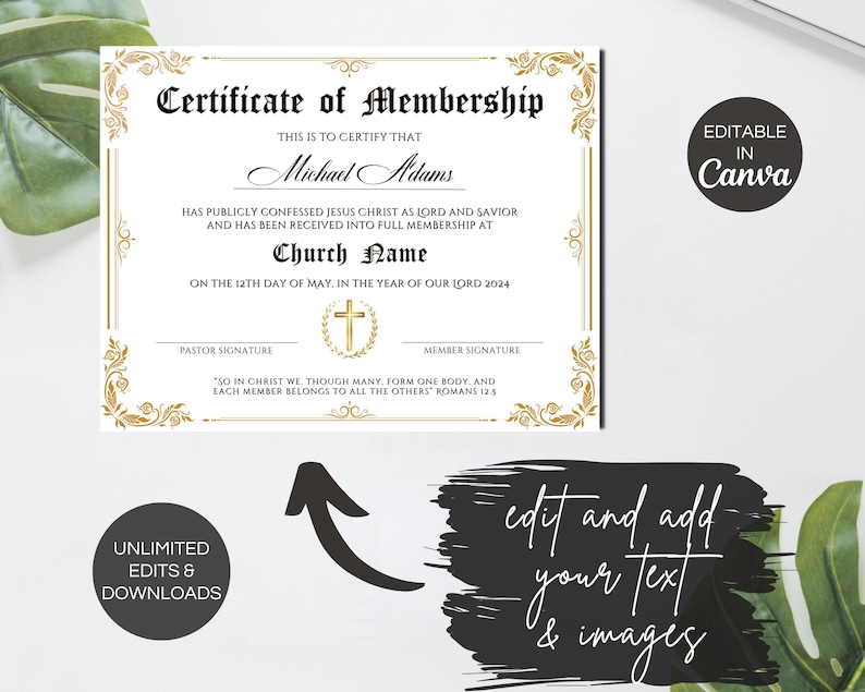 Puede incluir: Un certificado de membres&iacute;a con bordes y detalles dorados ornamentados. El certificado incluye el texto "Certificate of Membership", "Michael Adams" y "Church Name". Tambi&eacute;n es visible el texto "On the 12th day of May, in the year of our Lord 2024".