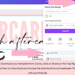 May include: A screenshot of a Canva design template with the text "Lash Aftercare" in pink and black. The image shows a stylized eye with eyelashes. The screenshot also shows the Canva interface with options to download, share, and present the design.