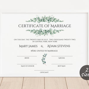 Greenery Heiratsurkunde Canva Vorlage, bearbeitbare Heiratsurkunde, druckbare Hochzeitsgelübde Andenken, digitaler Download. TDS-10