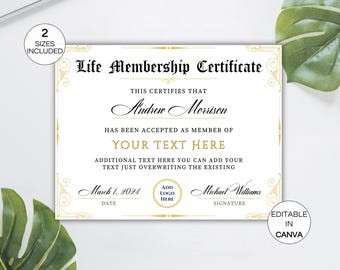 Editable Certificate of Life Membership, Printable Life Membership ...