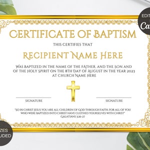 Certificado de Bautismo Editable, Plantilla de Certificado de Bautismo Imprimible, Plantilla de Bautismo de Bebé, Recuerdo de Bautismo de Canva. TDS-10