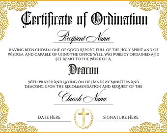 Deacon Ordination Certificate Template, Editable Certificate of Ordination, Printable Ministry Certificate, Church Certificate. TDS-10