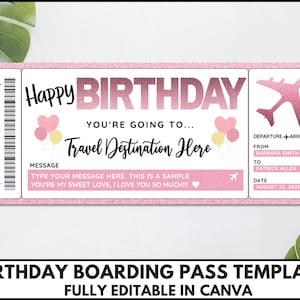 Modèle de carte d'embarquement, modèle de billet d'embarquement d'anniversaire modifiable, carte d'embarquement surprise, modèle imprimable sur toile de billet d'avion. FT-13