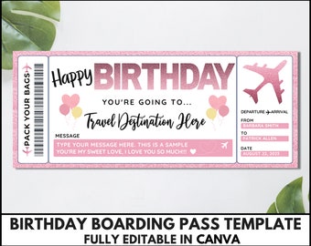 Plantilla de tarjeta de embarque, plantilla de boleto de embarque de cumpleaños editable, tarjeta de embarque sorpresa, plantilla Canva de boleto de avión imprimible. TDS-13