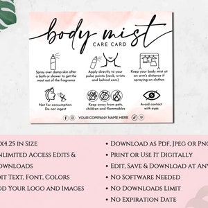Printable Mist Card Body Mist Care Card, Printable Body Fragrance Spray Instructions Cards ...