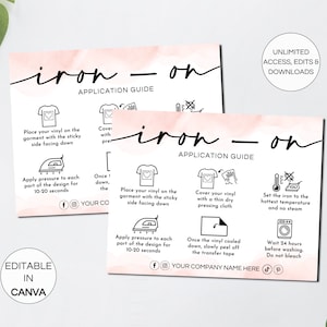 Anleitung zum Aufbügeln, bearbeitbare Heat Transfer Vinyl Care Card, druckbare HTV-Applikationsanleitung, Vinyl Care Cards Canva Template. TDS-05