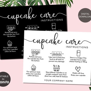Modèle de carte de soin de cupcake modifiable, instructions d’entretien de cupcake imprimables, modèle Canva d’insertions d’emballage de petite entreprise de cupcake. TDS-05