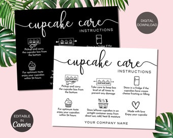 Plantilla de tarjeta de cuidado de cupcakes editable, instrucciones de cuidado de cupcakes imprimibles, plantilla Canva de inserciones de embalaje para pequeñas empresas de cupcakes. TDS-05