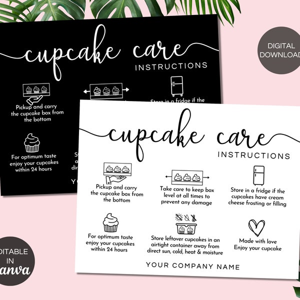 Editable Cupcake Care Card Template, Printable Cupcake Care Instructions, Cupcake Small Business Packaging Inserts Canva Template. TDS-05