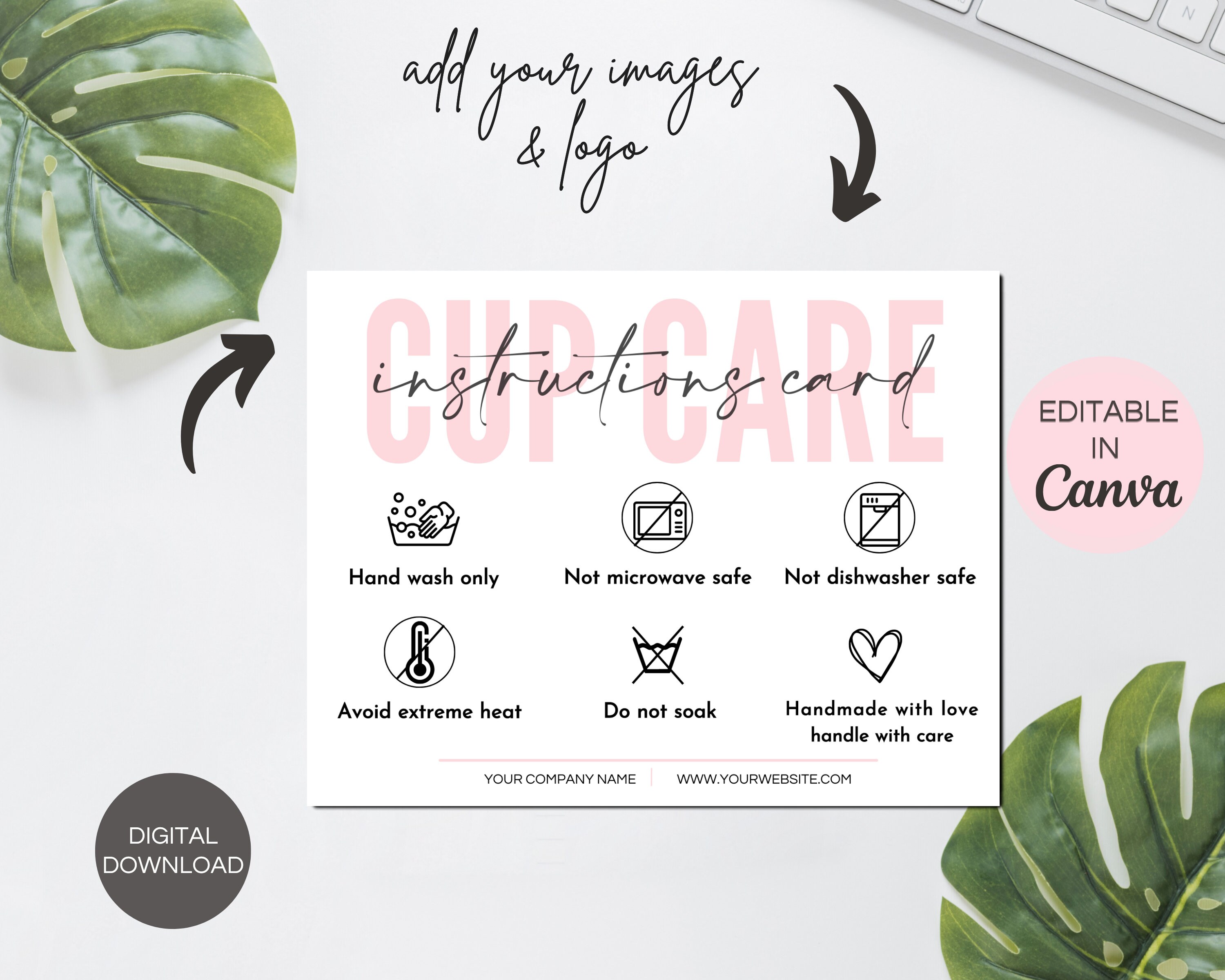 Cup Care Card, Printable Tumbler Cup Instructions Cards, Editable Canva ...