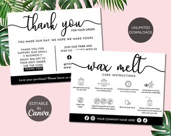 Wax Melt Care Card, Printable Wax Instructions Cards, Editable Canva Template