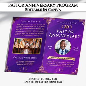 Pastor Anniversary Program Template, Editable 8 Pages Pastor Anniversary Bifold Brochure, Printable Church Bulletin Design Canva Template