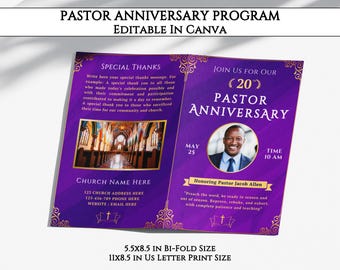 Pastor Anniversary Program, Printable 8 Pages Pastors Anniversary Brochure, Editable Church Bulletin Canva Template