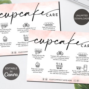 Modèle de carte de soins Cupcake, Instructions d'entretien modifiables Cupcake, Cartes de remerciement imprimables Cupcake Business, Inserts d'emballage Cupcake.TDS-05