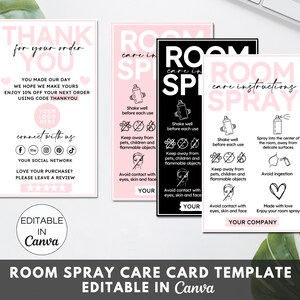 Room Spray Care Card, Printable RoomSpray Instructions Cards, Editable Canva Template