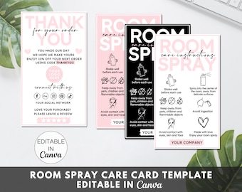 Szablon karty pielęgnacji sprayu do pomieszczeń, edytowalne instrukcje pielęgnacji sprayu do pomieszczeń, drukowane wkładki do małych firm do sprayu do pomieszczeń, szablon Canva. TDS-05