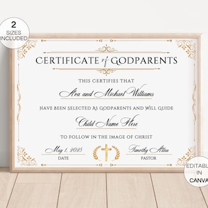 Plantilla de certificado de padrinos, certificado de padrinos editable, plantilla de certificado de bautismo de vegetación imprimible en Canva, recuerdo de bautismo