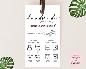 Handmade Clothing Tag, Printable Shirt Washing Instructions Care Hang Tag, Editable Canva Template