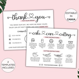 ケーキケアカード Canva テンプレート、編集可能なケーキカットガイドカード、印刷可能なケーキビジネス挿入カード、ケーキビジネスサンキューカードテンプレート