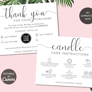 Candle Care Card Canva Template, Candle Business Dankeskarten, bearbeitbare Kunden-Dankeschön, druckbare Kerzenverpackungseinsatz Card.TDS-05