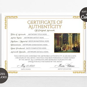 Certificate Of Authenticity Template, Coa Artist Certificate Of Authenticity, Printable Canva Authenticity Certificate For Artwork. TDS-10