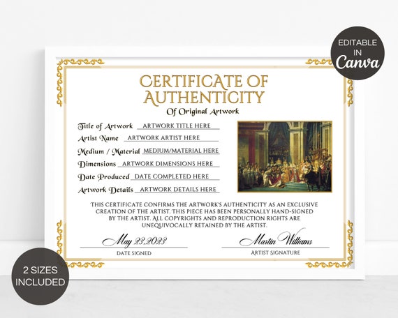 Certificate of Authenticity Template, Coa Artist Certificate of