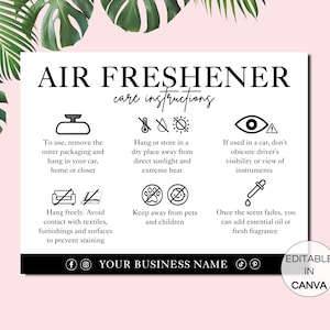 Air Freshener Care Card Template, Editable Air Freshie Instructions Cards, Car Fresheners Packaging Insert