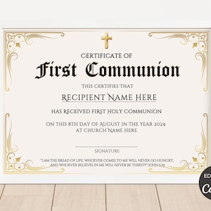 First Communion Certificate Template Editable First Holy Communion First Communion Certificate Template Editable First Holy Communion