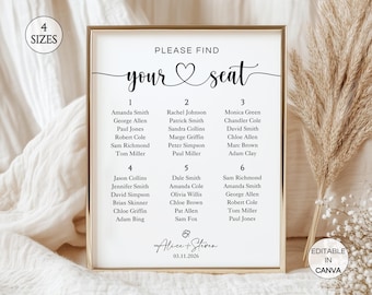 Small Wedding Seating Chart Sign, Minimalist WeddingReception Seating Charts Signage, Editable Canva Template