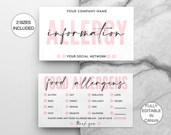 Editable Food Allergens Card Template, Printable Allergen Checklist Card, Bakery Allergy Warning, Bakery Care Cards Canva Template. TDS-05