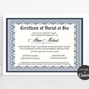 Puede incluir: Un certificado de entierro en el mar azul y blanco para Adam Michaels. El certificado indica que las cenizas fueron esparcidas en el Océano Atlántico el 13 de julio de 2024. Se indican la latitud y la longitud, así como espacios para la firma del capitán y la firma de la persona que presenció el entierro.