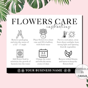 Flowers Care Card Template, Editable Bouquet Care Instructions, Printable Flowers Care Guide, Blooms Florist Care Cards Canva Template
