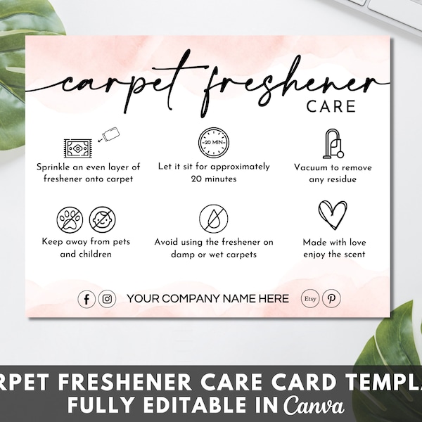 Carpet Freshener Care Card Template, Editable Rug Scented Powder Care Guide, Printable Care Cards Order Packaging Insert Cards. TDS-05