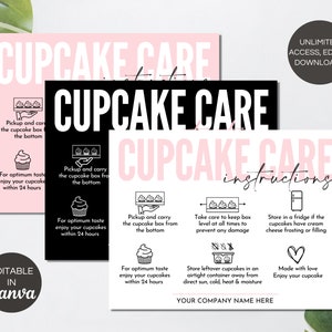 Modèle de carte d’entretien des cupcakes, instructions d’entretien des cupcakes modifiables, guide imprimable d’entretien des cupcakes pour petites entreprises, insert d’emballage de cupcakes.TDS-05